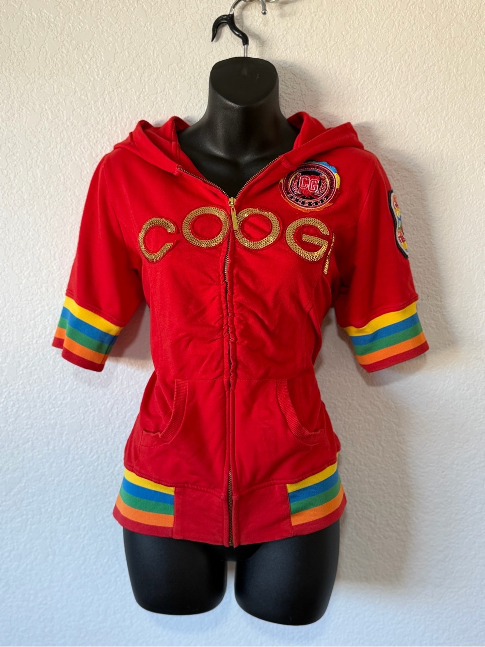Vintage COOGI Red Short-Sleeve Zip Hoodie with Rainbow Trim